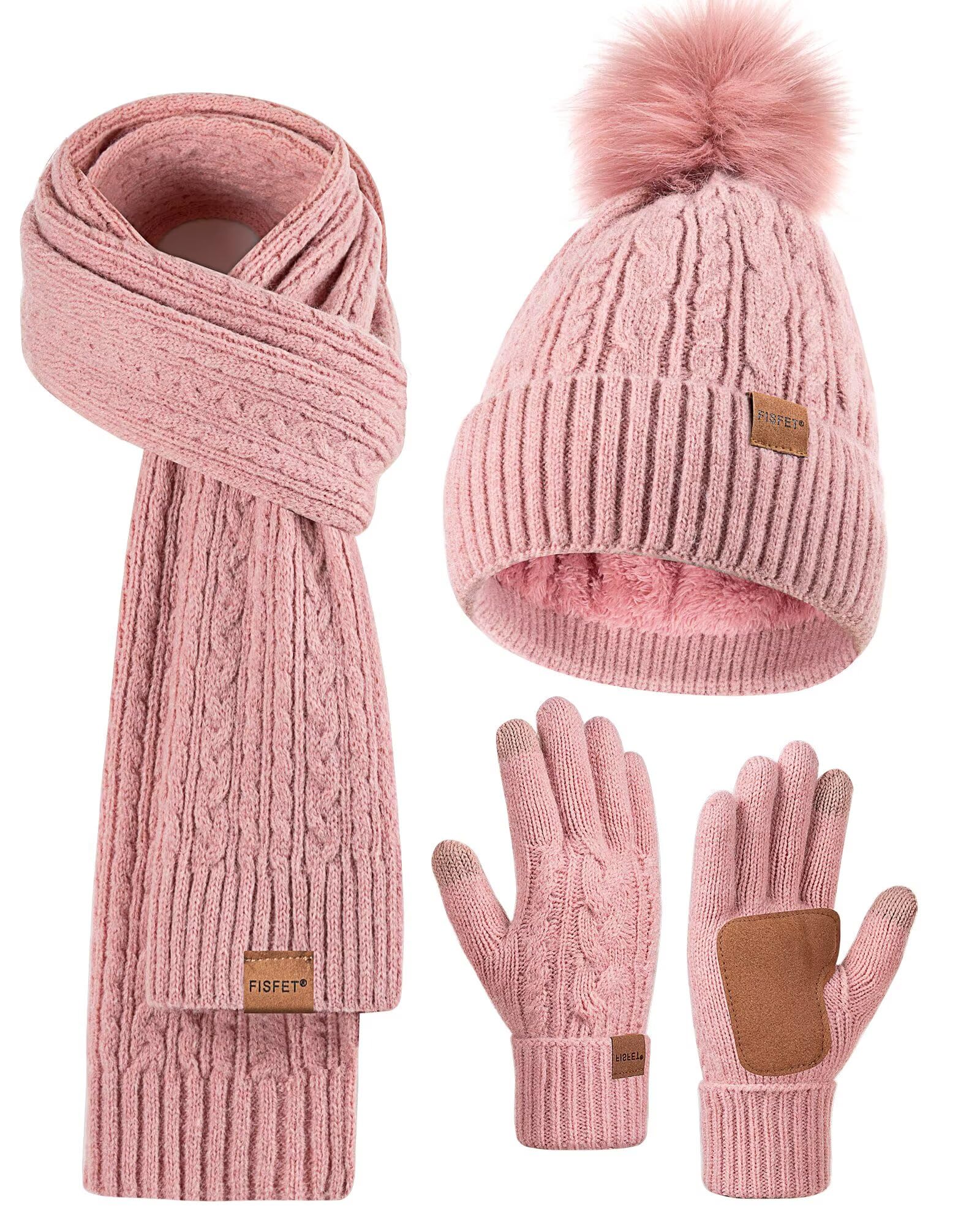 Winter Beanie Hat Scarf Gloves Set for Women, Pom Pom Beanie Fleece Lined Knit Neck Warmer Touchscreen Gloves 3 in 1 Gift Set